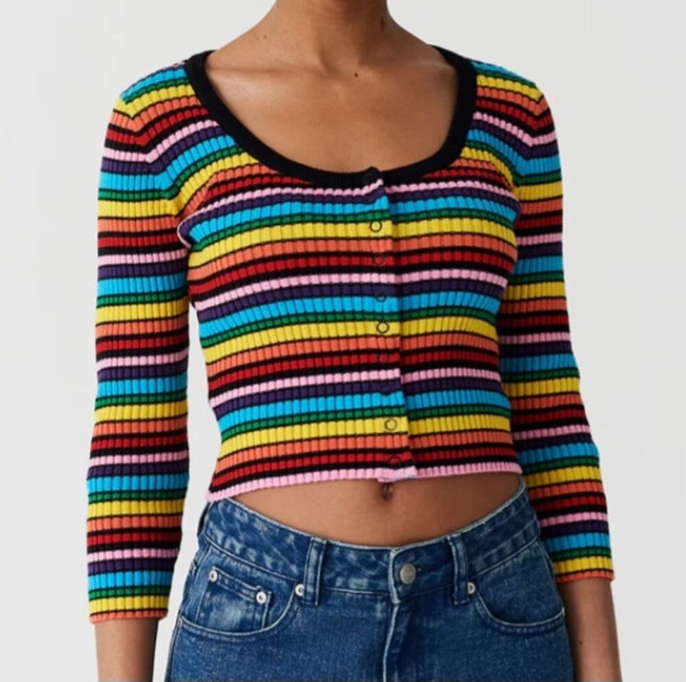 Lazy Oaf Rainbow Scoop Neck Striped Front Button Rib Knit Top Womens Size 14 EUC